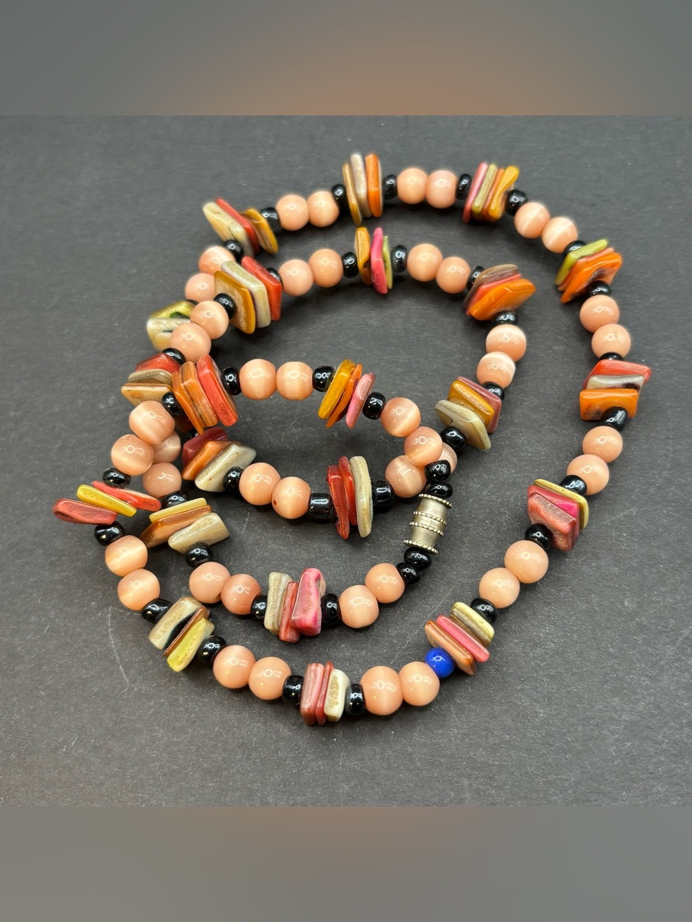 Vintage 18" Peach Cats Eye Glass Beads Shell Slice Necklace UV Reactive Boho